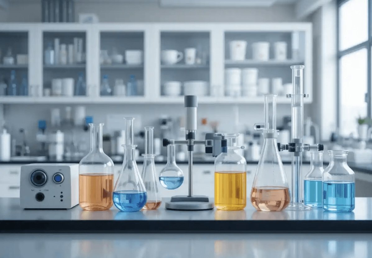 Laboratorio DIPRODEG con matraces y soluciones